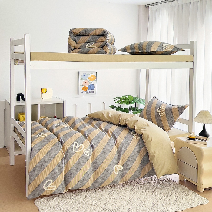 91家纺网 家纺一手货源 找家纺 优品阁 2024新款全棉磨毛学生上下铺三件套 一心一意