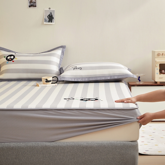 91家纺网 家纺一手货源 找家纺 怡家居 2024新款A类PE凉感提花刺绣床笠款凉席 米灰小煤球-床笠款