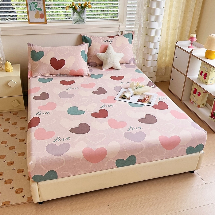 91家纺网 家纺一手货源 找家纺 优品阁 2024新款全棉磨毛四件套单品系列-单床笠 缤纷爱心