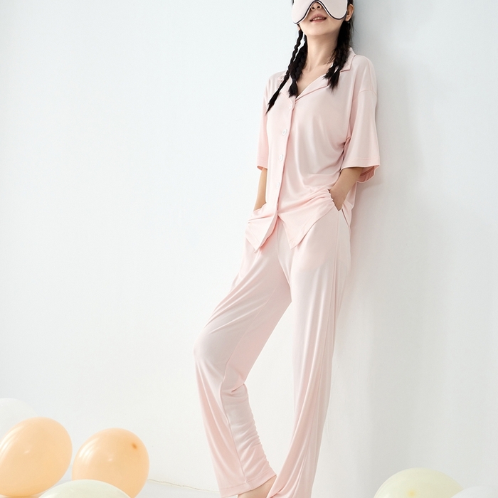 91家纺网 家纺一手货源 找家纺 LADYCOCO可可家居 2025新款凉感家居服 睡衣-粉--长裤款