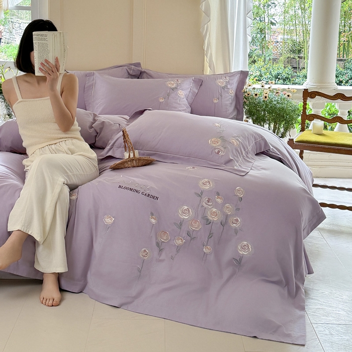 91家纺网 家纺一手货源 找家纺 红番天家居馆 2025新款长绒棉全棉刺绣四件套-玫瑰之城 玫瑰之城-海葵紫