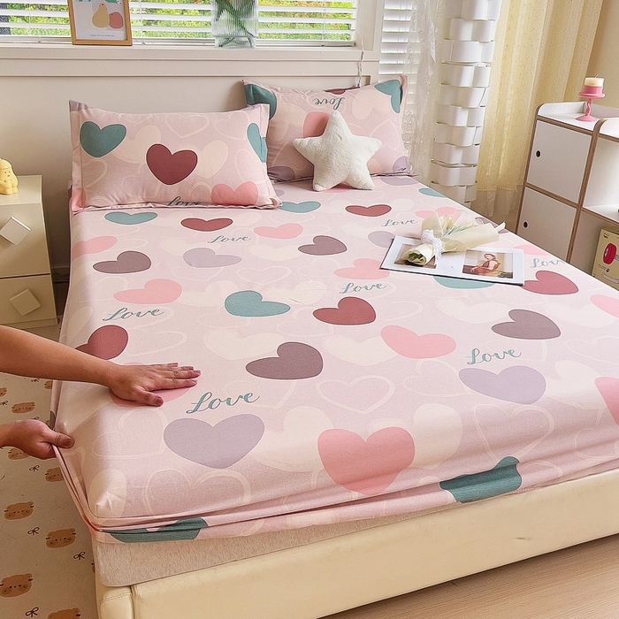 91家纺网 家纺一手货源 找家纺 优品阁 2024新款全棉磨毛四件套单品系列-单床笠 缤纷爱心