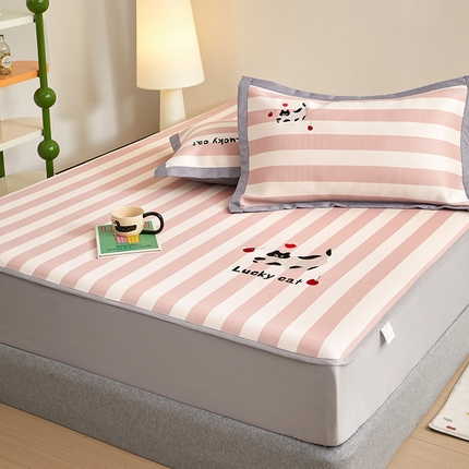 怡家居 2024新款A类PE凉感提花刺绣床笠款凉席 米红条纹猫-床笠款
