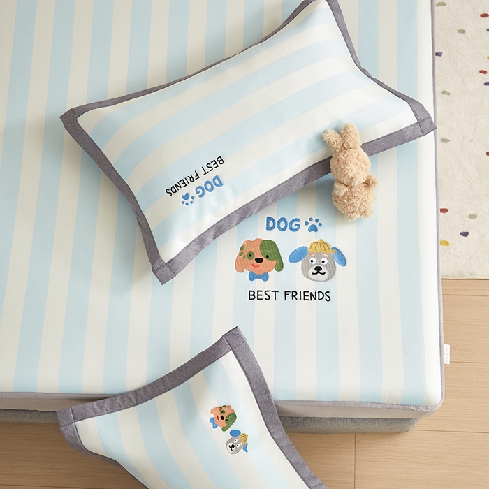 91家纺网 家纺一手货源 找家纺 怡家居 2024新款A类PE凉感提花刺绣床笠款凉席 米兰条纹狗-床笠款