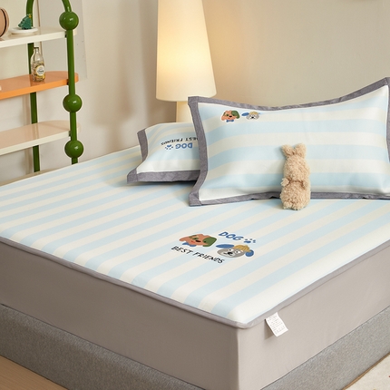 怡家居 2024新款A类PE凉感提花刺绣床笠款凉席 米兰条纹狗-床笠款