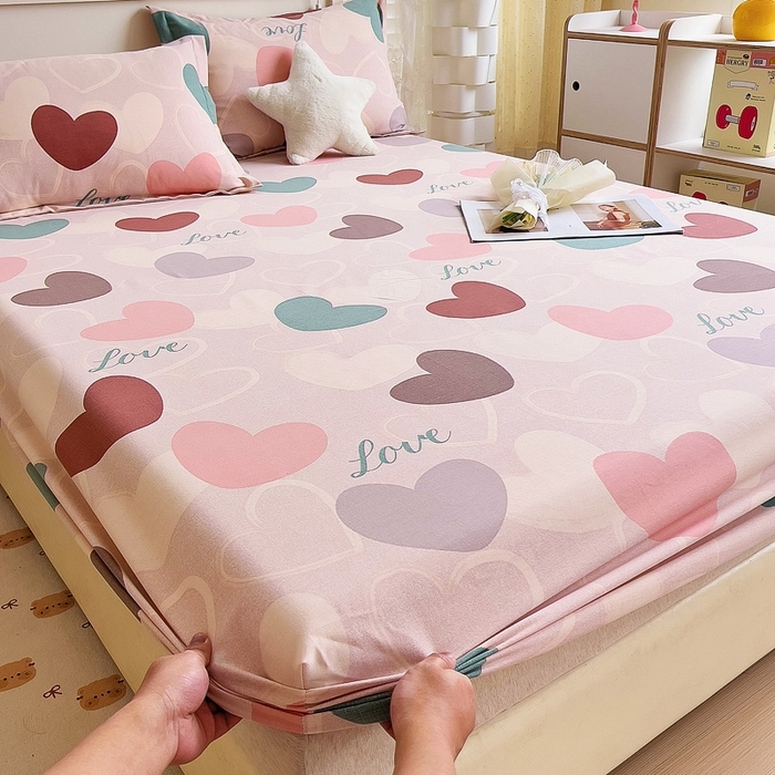 91家纺网 家纺一手货源 找家纺 优品阁 2024新款全棉磨毛四件套单品系列-单床笠 缤纷爱心