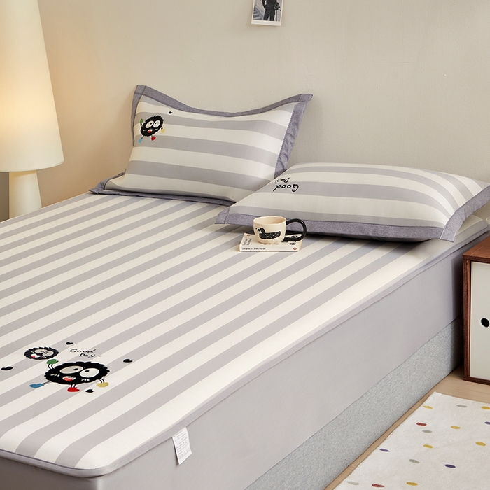 91家纺网 家纺一手货源 找家纺 怡家居 2024新款A类PE凉感提花刺绣床笠款凉席 米灰小煤球-床笠款