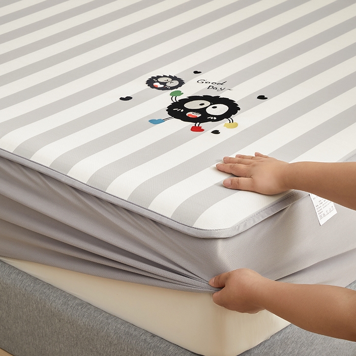 91家纺网 家纺一手货源 找家纺 怡家居 2024新款A类PE凉感提花刺绣床笠款凉席 米灰小煤球-床笠款