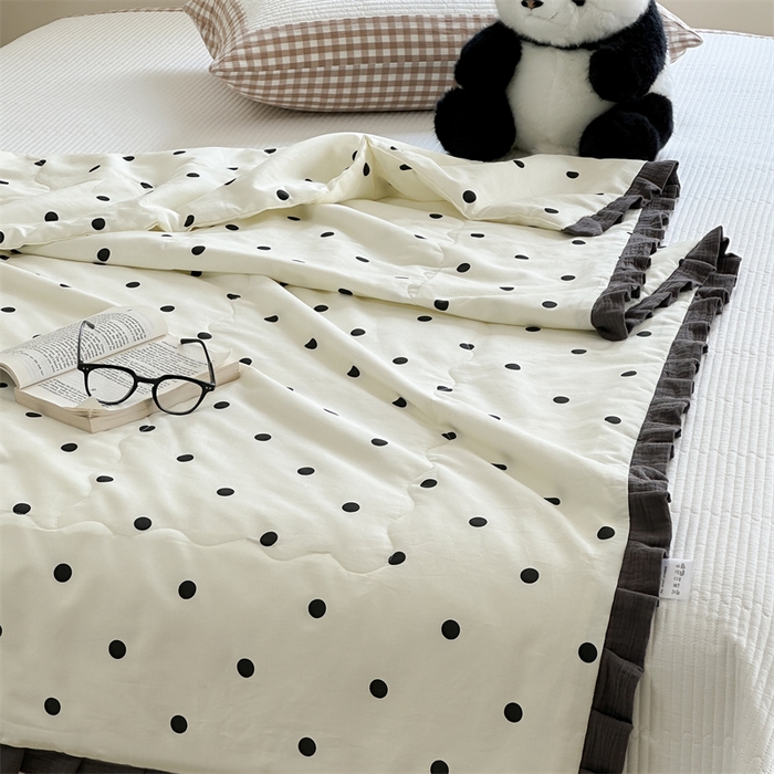 91家纺网 家纺一手货源 找家纺 洋铭区（原狠狠爱） 2024新款皱皱花边全棉夏被 黑色圆点