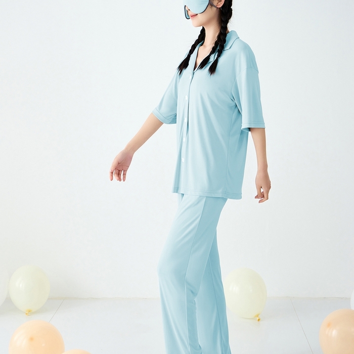 91家纺网 家纺一手货源 找家纺 LADYCOCO可可家居 2025新款凉感家居服 睡衣-蓝--长裤款