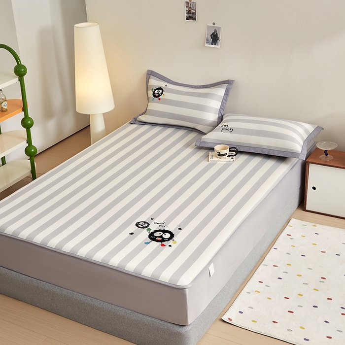 91家纺网 家纺一手货源 找家纺 怡家居 2024新款A类PE凉感提花刺绣床笠款凉席 米灰小煤球-床笠款