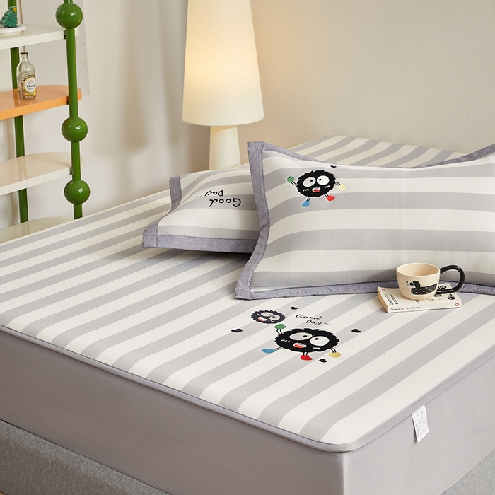 91家纺网 家纺一手货源 找家纺 怡家居 2024新款A类PE凉感提花刺绣床笠款凉席 米灰小煤球-床笠款