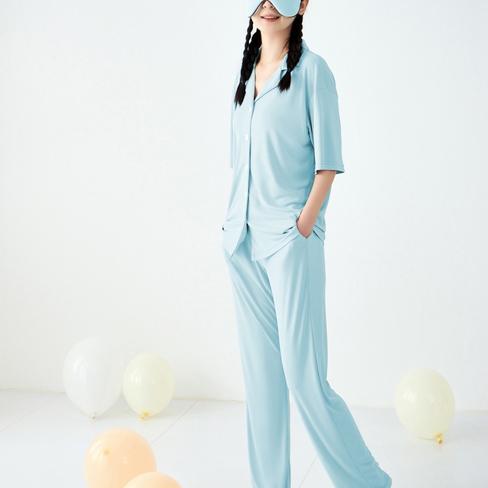 91家纺网 家纺一手货源 找家纺 LADYCOCO可可家居 2025新款凉感家居服 睡衣-蓝--长裤款