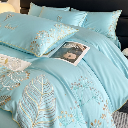 91家纺网 家纺一手货源 找家纺  2024新款100支长绒棉四件套全棉纯棉重工刺绣天丝棉床单床笠款丝滑裸睡床上用品 水蓝色