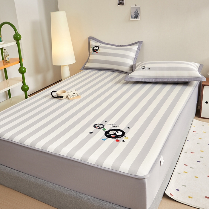 91家纺网 家纺一手货源 找家纺 怡家居 2024新款A类PE凉感提花刺绣床笠款凉席 米灰小煤球-床笠款