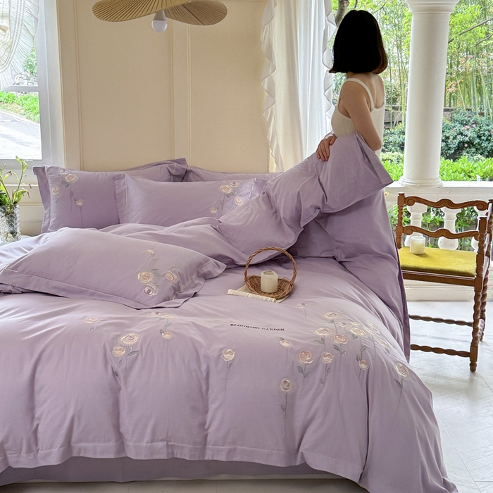 91家纺网 家纺一手货源 找家纺 红番天家居馆 2025新款长绒棉全棉刺绣四件套-玫瑰之城 玫瑰之城-海葵紫