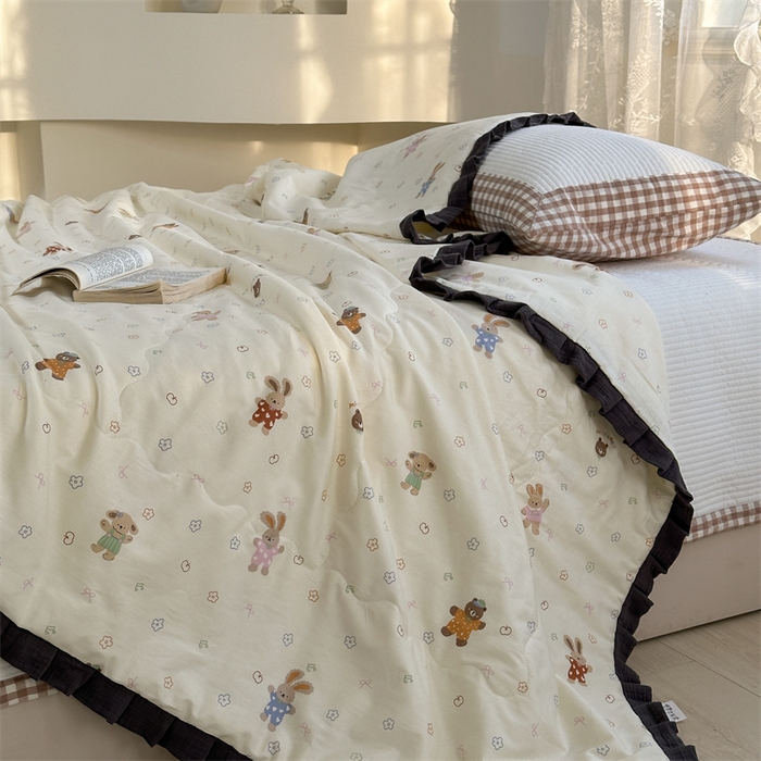 91家纺网 家纺一手货源 找家纺 洋铭区（原狠狠爱） 2024新款皱皱花边全棉夏被 小熊兔兔