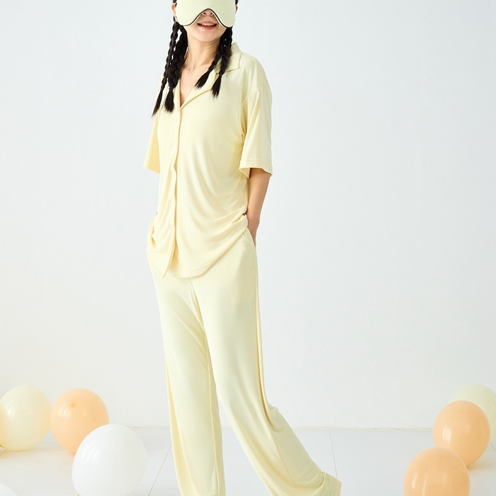 91家纺网 家纺一手货源 找家纺 LADYCOCO可可家居 2025新款凉感家居服 睡衣-黄--长裤款