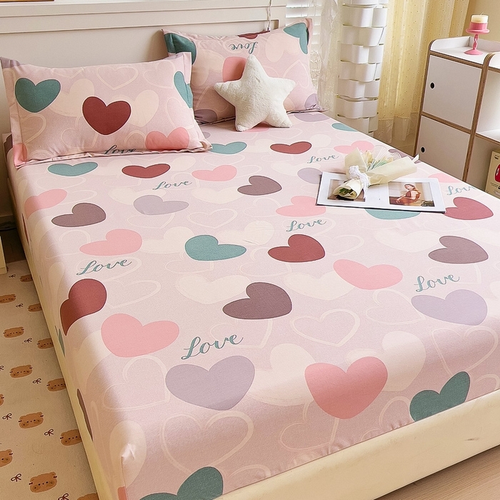 91家纺网 家纺一手货源 找家纺 优品阁 2024新款全棉磨毛四件套单品系列-单床笠 缤纷爱心