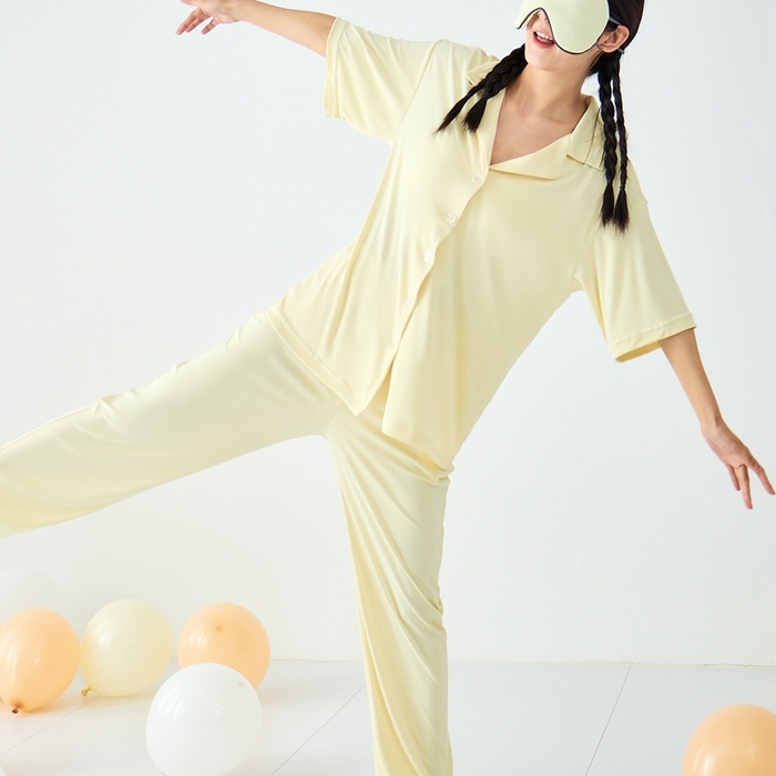 91家纺网 家纺一手货源 找家纺 LADYCOCO可可家居 2025新款凉感家居服 睡衣-黄--长裤款