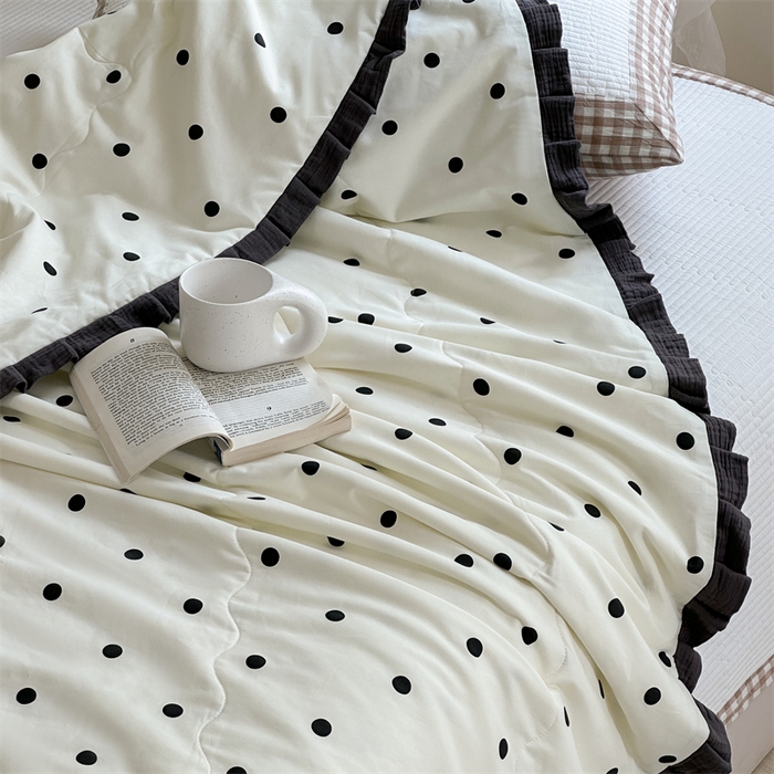 91家纺网 家纺一手货源 找家纺 洋铭区（原狠狠爱） 2024新款皱皱花边全棉夏被 黑色圆点