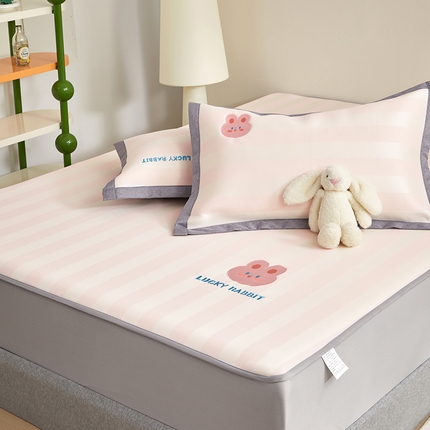 怡家居 2024新款A类PE凉感提花刺绣床笠款凉席 米粉条纹兔-床笠款