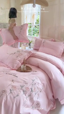 91家纺网 家纺一手货源 找家纺 红番天家居馆 2025新款长绒棉全棉刺绣四件套-玫瑰之城 玫瑰之城-初恋粉