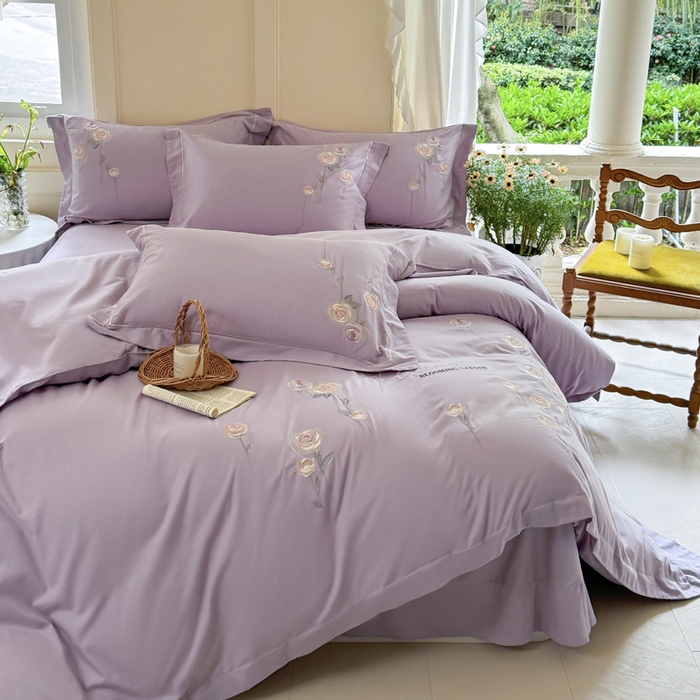 91家纺网 家纺一手货源 找家纺 红番天家居馆 2025新款长绒棉全棉刺绣四件套-玫瑰之城 玫瑰之城-海葵紫