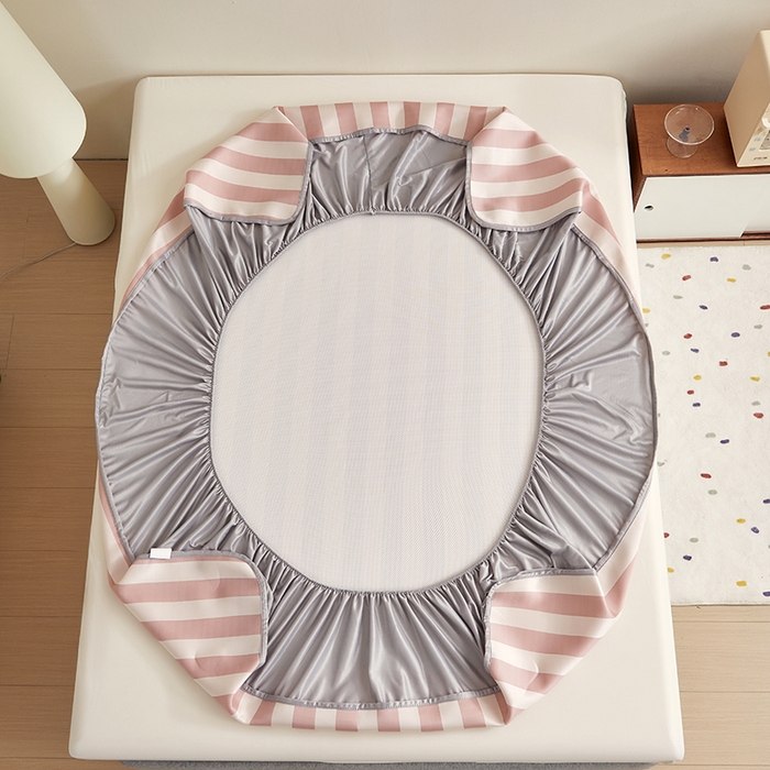 91家纺网 家纺一手货源 找家纺 怡家居 2024新款A类PE凉感提花刺绣床笠款凉席 米红条纹猫-床笠款