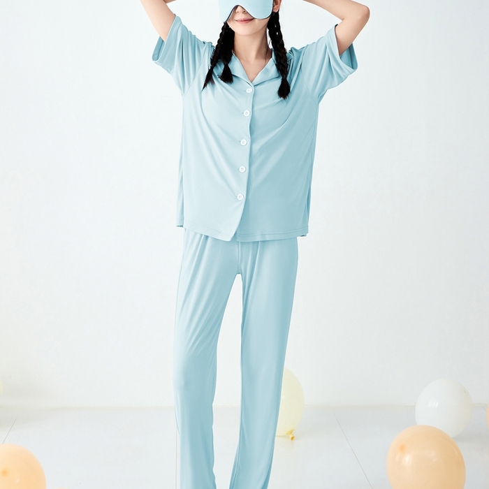 91家纺网 家纺一手货源 找家纺 LADYCOCO可可家居 2025新款凉感家居服 睡衣-蓝--长裤款