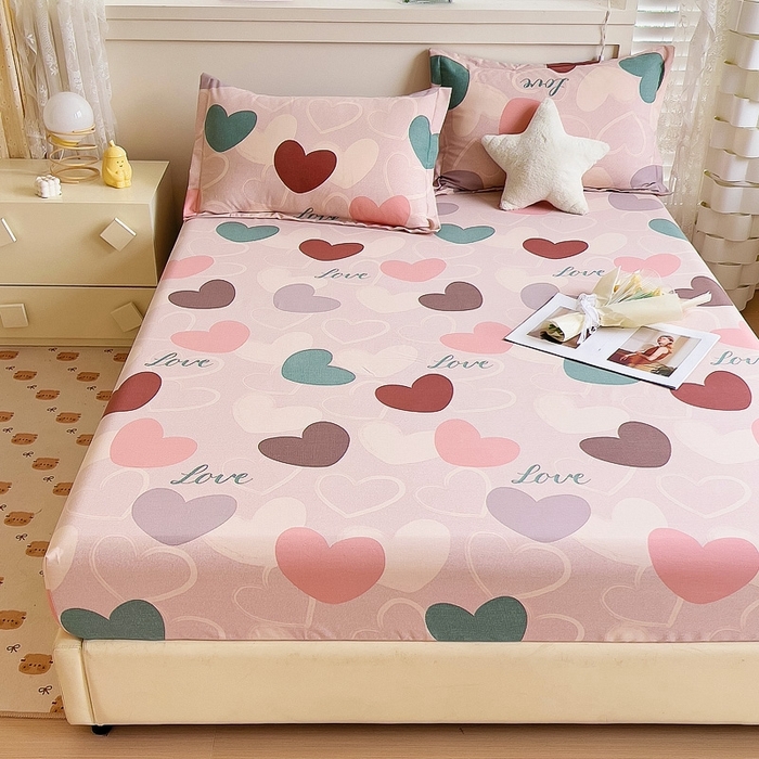 91家纺网 家纺一手货源 找家纺 优品阁 2024新款全棉磨毛四件套单品系列-单床笠 缤纷爱心