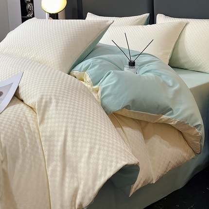 金鑫汇 2024新款提花小方格全棉套件单品系列-四件套 奶昔白+水绿