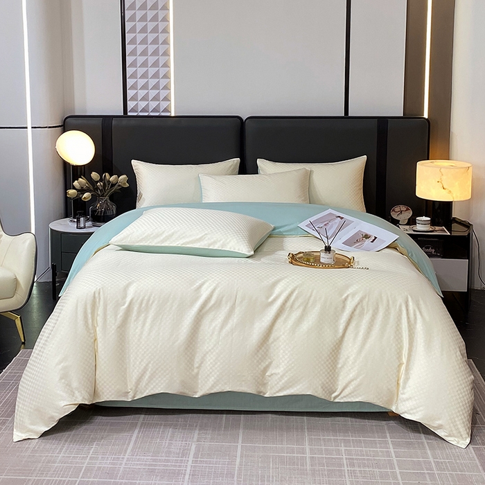 91家纺网 家纺一手货源 找家纺 金鑫汇 2024新款提花小方格全棉套件单品系列-四件套 奶昔白+水绿