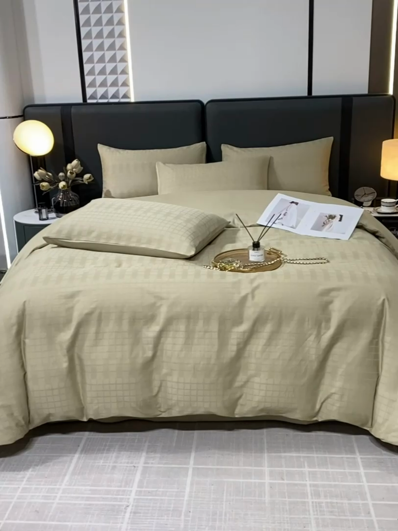 91家纺网 家纺一手货源 找家纺 金鑫汇 2024新款提花小方格全棉套件单品系列-四件套 风吹麦浪