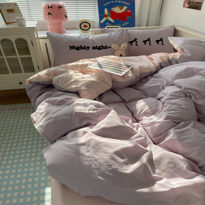 91家纺网 家纺一手货源 找家纺 六巷胡同 2024新款INS韩系蝴蝶结毛巾绣嵌绳边四件套 公主蝴蝶结-雾紫