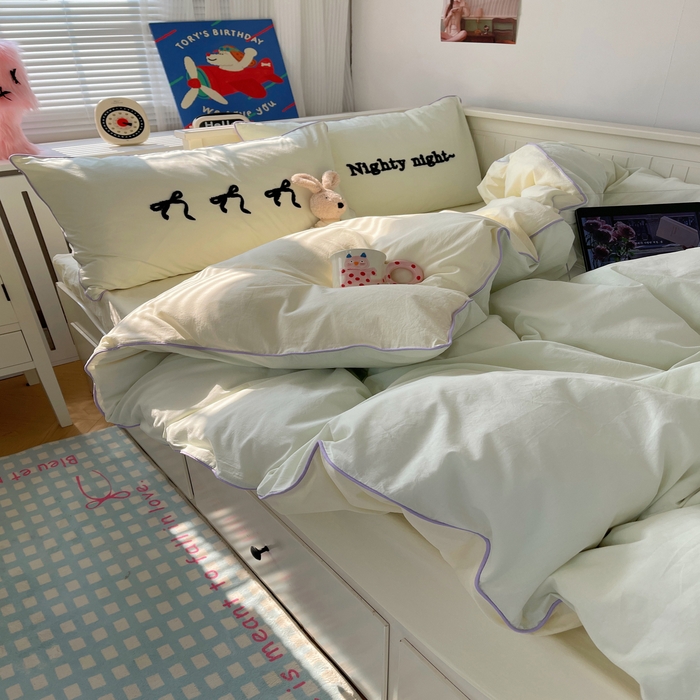 91家纺网 家纺一手货源 找家纺 六巷胡同 2024新款INS韩系蝴蝶结毛巾绣嵌绳边四件套 公主蝴蝶结-蜜绿