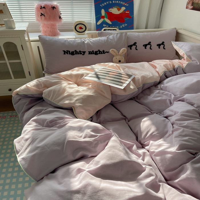 91家纺网 家纺一手货源 找家纺 六巷胡同 2024新款INS韩系蝴蝶结毛巾绣嵌绳边四件套 公主蝴蝶结-雾紫