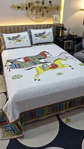 91家纺网 家纺一手货源 找家纺 爵仕家纺 2025新款凉感真丝床盖三件套 骏马白