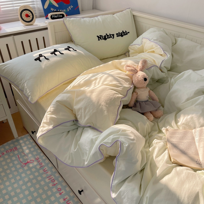 91家纺网 家纺一手货源 找家纺 六巷胡同 2024新款INS韩系蝴蝶结毛巾绣嵌绳边四件套 公主蝴蝶结-蜜绿