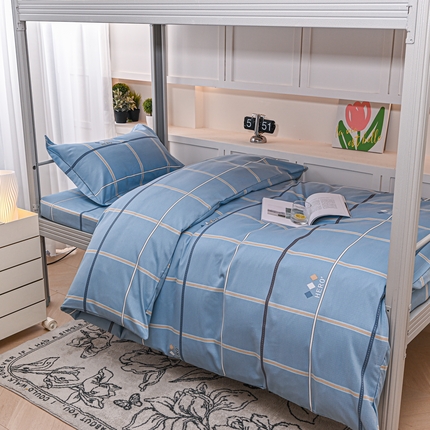 91家纺网 家纺一手货源 找家纺 喜四方 2024新款全棉磨毛印花学生三件套 蓝格