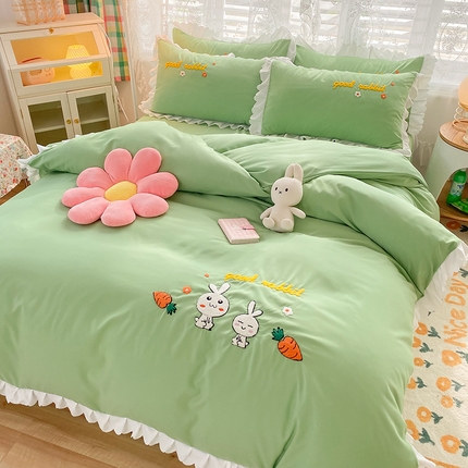 91家纺网 家纺一手货源 找家纺 秋艳家纺 2024新款韩式花边毛巾绣四件套 萝卜兔-果绿