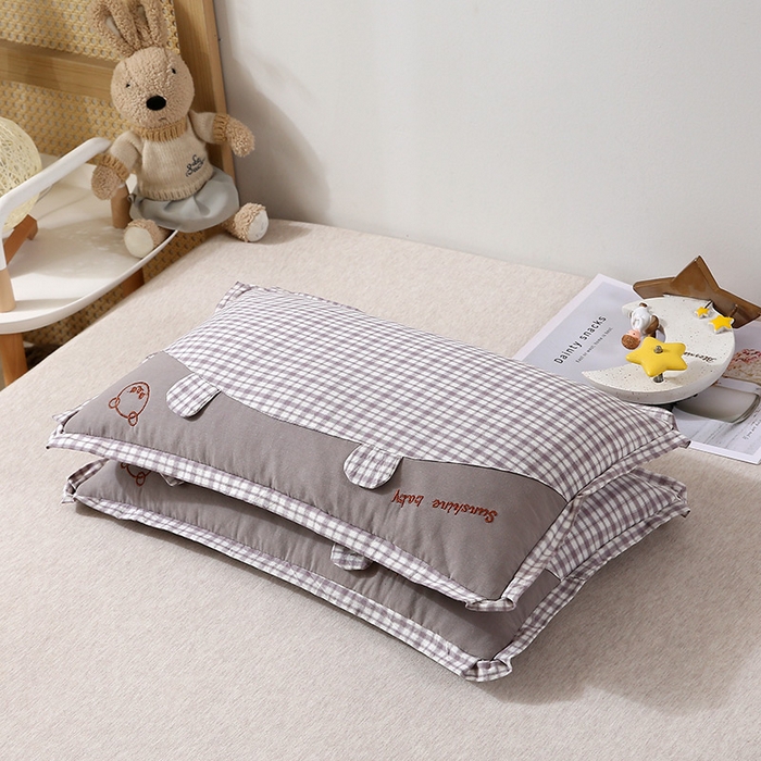 91家纺网 家纺一手货源 找家纺 梦叶草 2024新款全棉水洗棉儿童枕头纯荞麦枕芯小熊格子30×50cm荞麦枕 小熊耳朵方格荞麦枕-灰色30*50/只