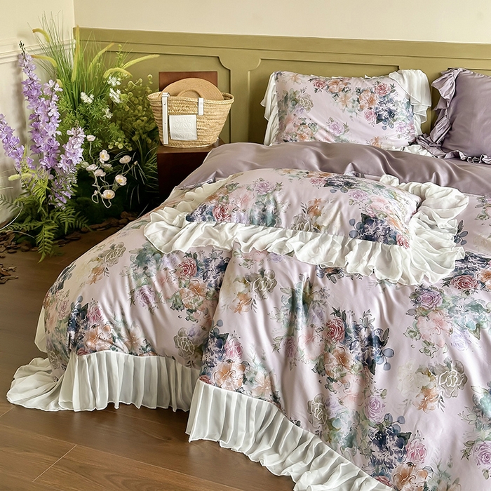 91家纺网 家纺一手货源 找家纺 窝米 2024春夏高定数码星云雪纺纱四件套系列 浮生若梦-霞光紫