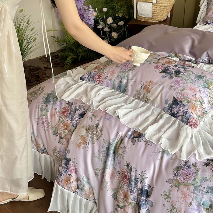 91家纺网 家纺一手货源 找家纺 窝米 2024春夏高定数码星云雪纺纱四件套系列 浮生若梦-霞光紫