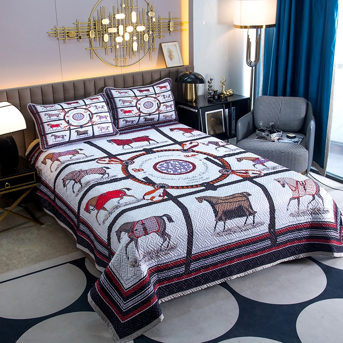 91家纺网 家纺一手货源 找家纺 爵仕家纺 2025新款凉感真丝床盖三件套 十骏马白