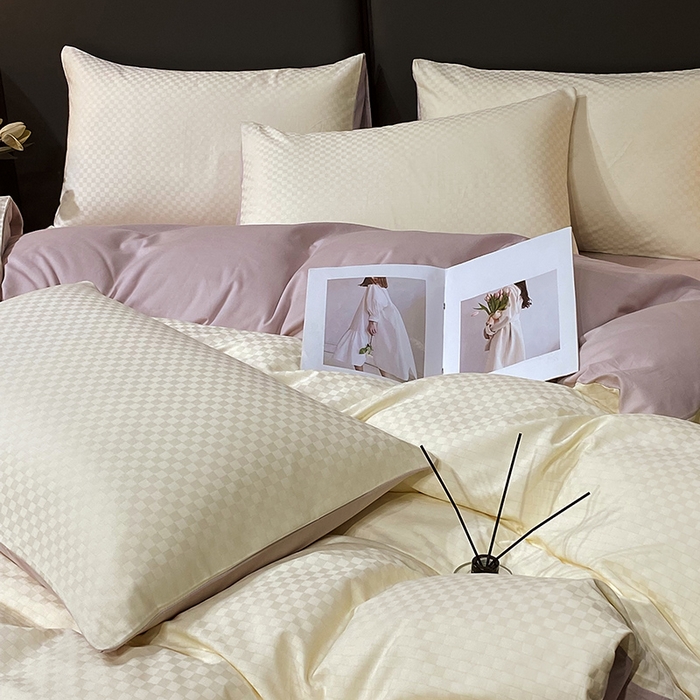 91家纺网 家纺一手货源 找家纺 金鑫汇 2024新款提花小方格全棉套件单品系列-单枕套 奶昔白+淡紫