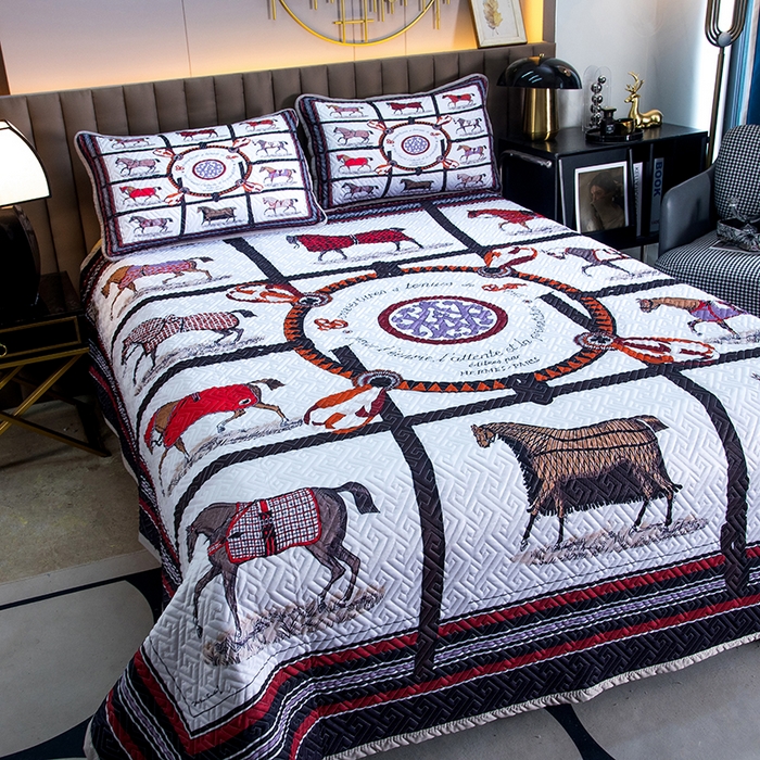 91家纺网 家纺一手货源 找家纺 爵仕家纺 2025新款凉感真丝床盖三件套 十骏马白