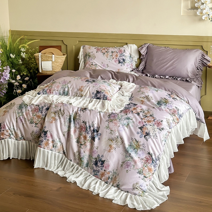 91家纺网 家纺一手货源 找家纺 窝米 2024春夏高定数码星云雪纺纱四件套系列 浮生若梦-霞光紫