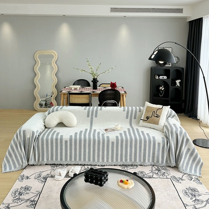 91家纺网 家纺一手货源 找家纺 沐沐 2026新款雪尼尔印花沙发巾 茂林修竹浅灰