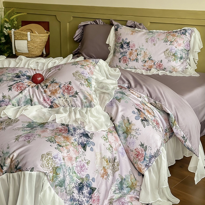 91家纺网 家纺一手货源 找家纺 窝米 2024春夏高定数码星云雪纺纱四件套系列 浮生若梦-霞光紫